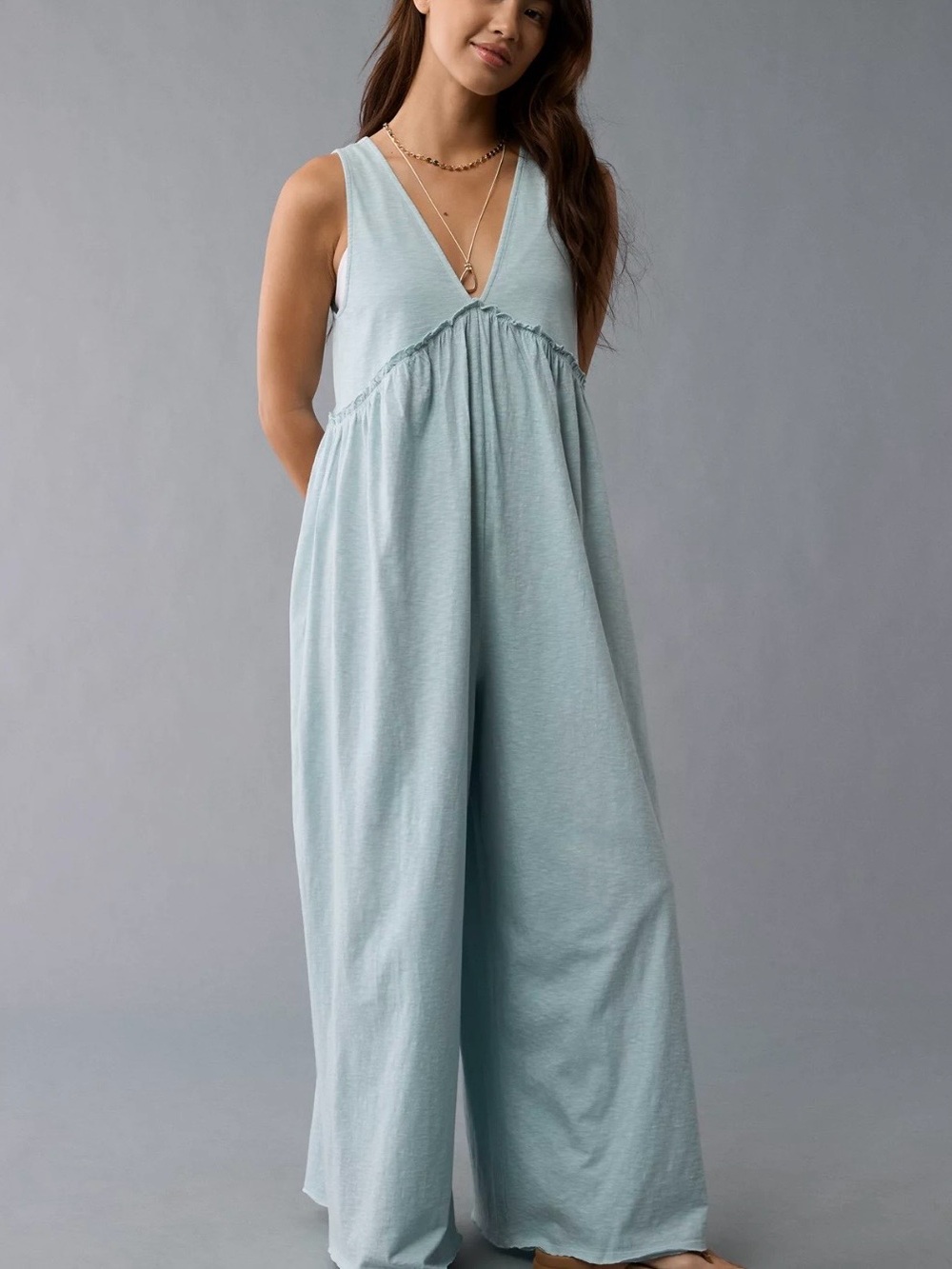 American Eagle Outfitters Sleeveless Knit V-Neck Wide-Leg Jumpsuit in Pale Blue